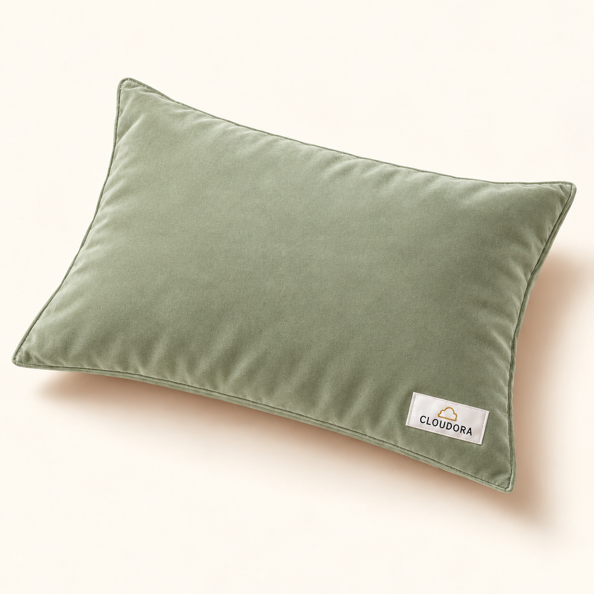 Cloudora green velvet pillow — AI-assisted product visual