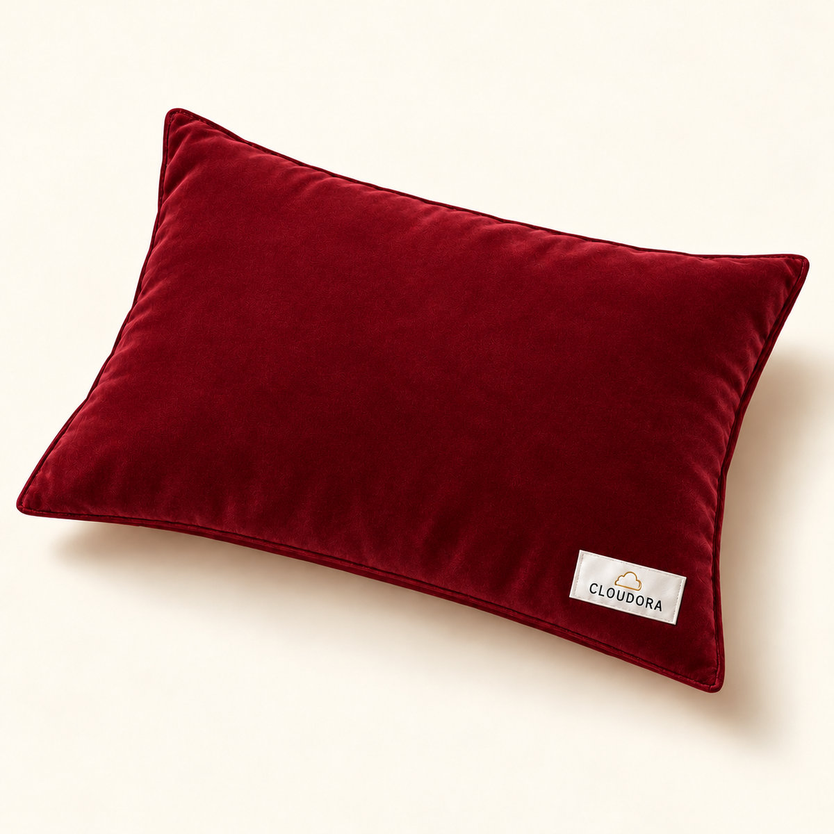 Cloudora red velvet pillow — AI-assisted product visual