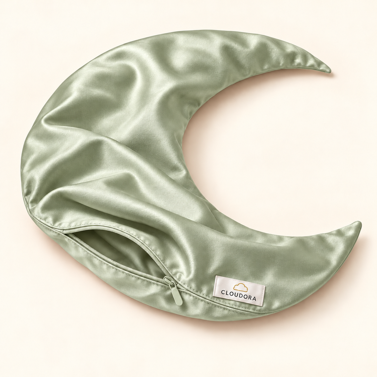 Cloudora Moon Pillow Satin Cover — Light Green — AI-assisted product visual
