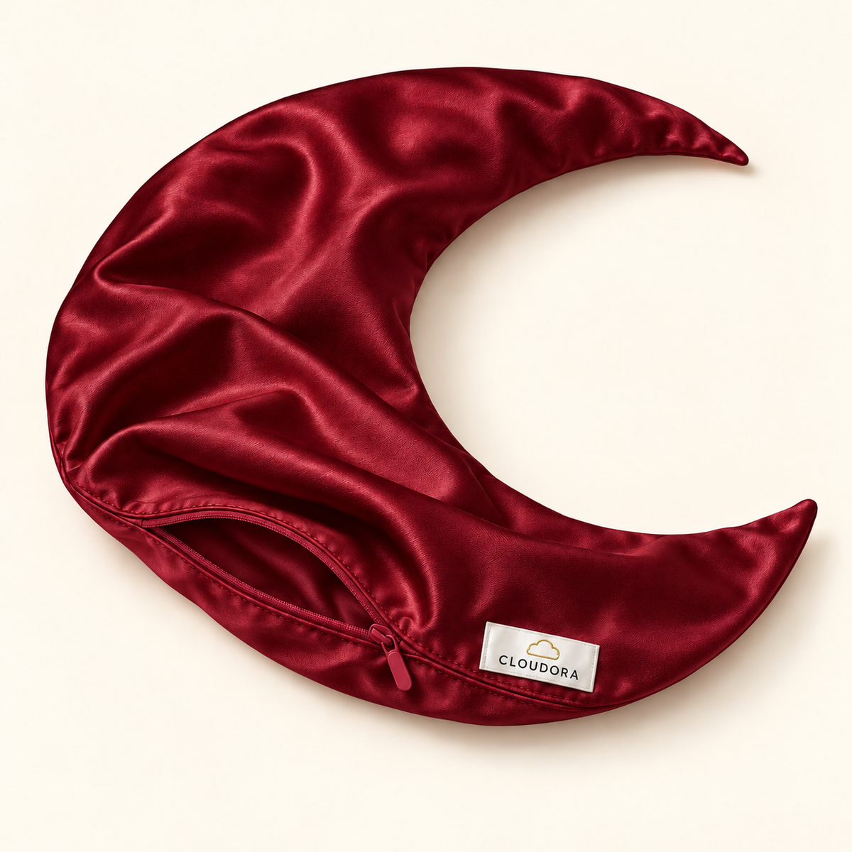 Cloudora Moon Pillow Satin Cover — Dark Red — AI-assisted product visual